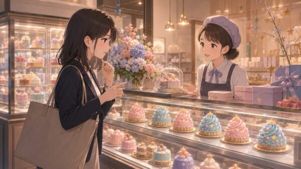 洋菓子店で七夕限定ケーキの在庫を店員に確認する女性
