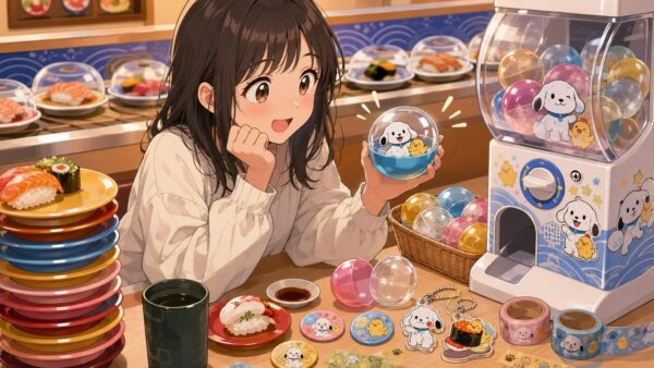 くら寿司のビッくらポン景品を手に喜ぶ女性とカプセル