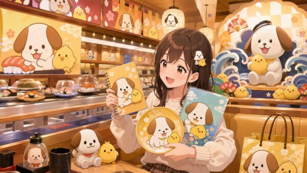 くら寿司PEANUTSコラボのノートや寿司皿を持つ女性