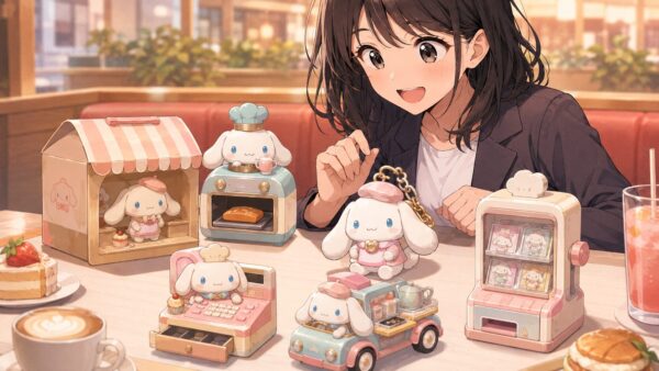 カフェ風テーブルに並ぶシナモロール風おもちゃ全種類