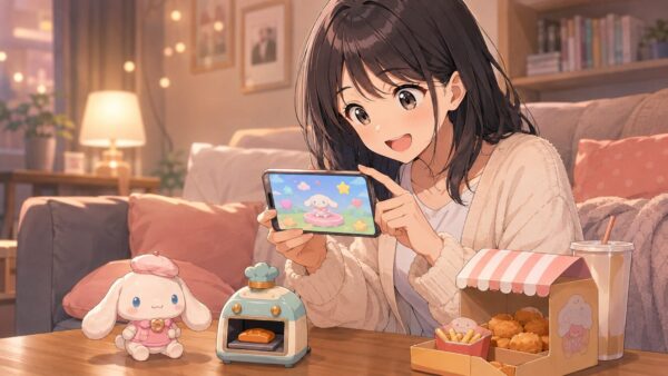 自宅でシナモロール風おもちゃとアプリゲームを楽しむ女性