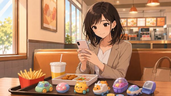 ハッピーセットのおもちゃをスマホで確認する日本人女性
