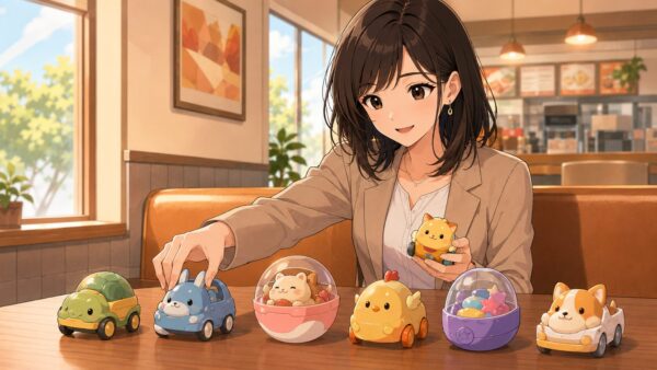 ハッピーセット風のおもちゃを並べて楽しむ女性