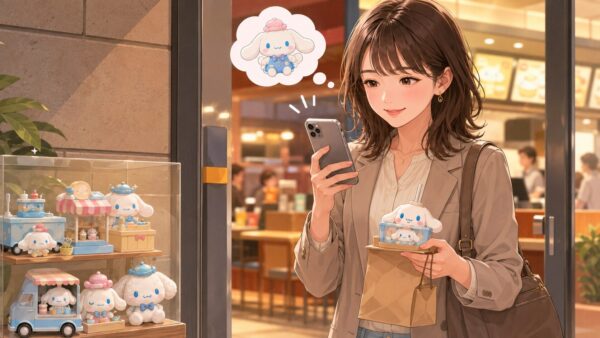 店頭でスマホを見ながらおもちゃ在庫を確認する日本人女性