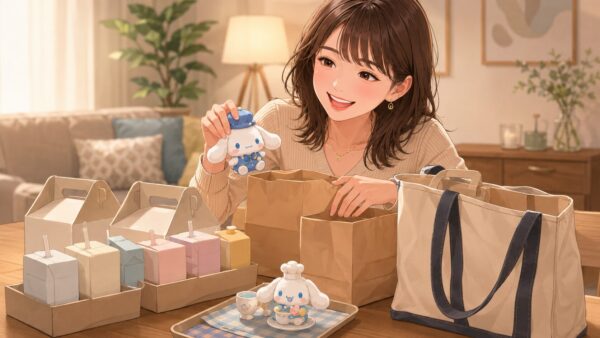 紙パック飲料とおもちゃを自宅で整理する日本人女性